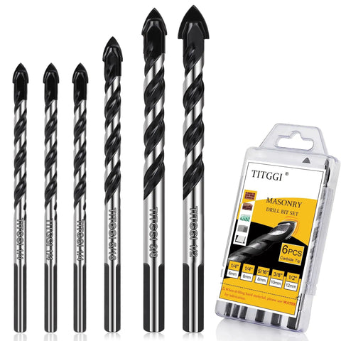 Pro Grade Six Piece Concrete And Masonry Drill Bit Set With Industrial Carbide Tips For Glass Brick Tile Ceramic Marble Wood And Plastic One Quarter To One Half Inch, shown in package with individual bits displayed.