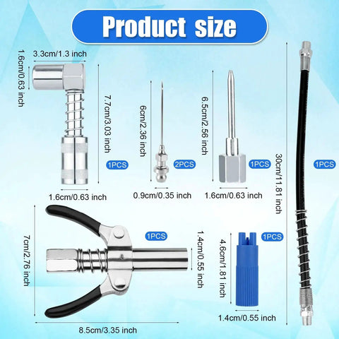 Grease Gun Accessory Kit With Hose 90 Degree Coupler Set Including Needle Dispenser Two Needle Nozzles Nozzle Cleaner Double Handle Coupler And Fittings For Must Have Gear Greasing Quick Attachments And Easy Refill product sizes