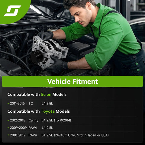Mechanic installing New High Output Alternator Direct Fit For 2009 2012 RAV4 2012 2015 Camry 2011 2016 Scion tC 2.5L L4 Plug And Play Replacement
