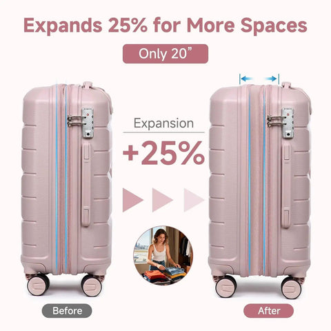 Lightweight Nude Pink 2 Piece Carry On Luggage Set With 20 Inch Hardside Spinner Case showing 25% expansion feature