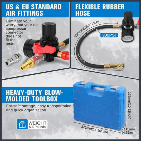 Turbo Boost Leak Tester Kit 10 Piece For Cars And Light Trucks with air fittings, rubber hose, and blue toolbox visible