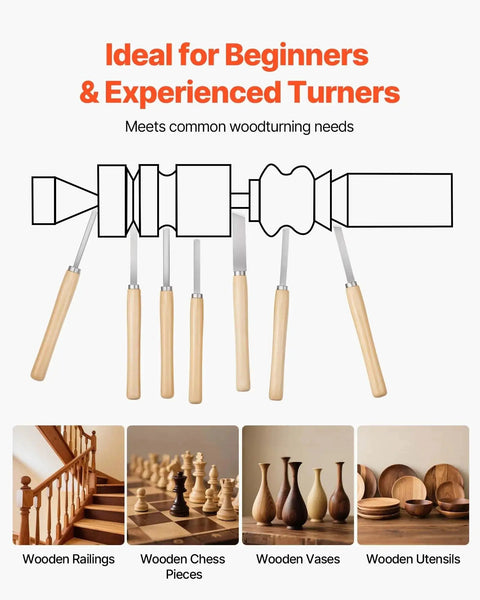 Diagram showing 8-Piece Wood Lathe Tool Set With Carbon Steel Blades For Beginners To Pros and examples of turned wood items.