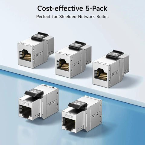 Cost-effective 5-pack shielded Cat6 keystone couplers for patch panels and wall plates RJ45 Ethernet female to female.
