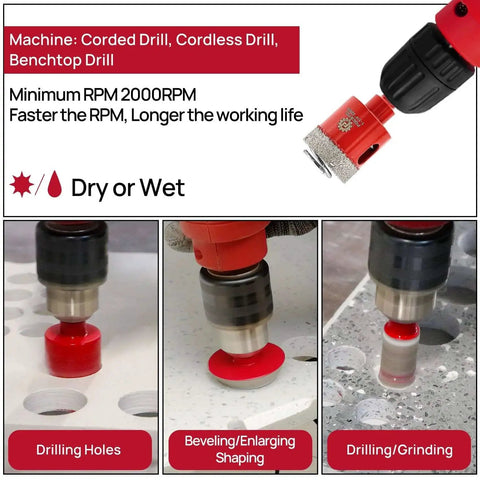 Diamond Core Drill Bit Set For Porcelain And Ceramic Tile, 13 Piece Kit with triangle shank showing drilling, beveling, grinding
