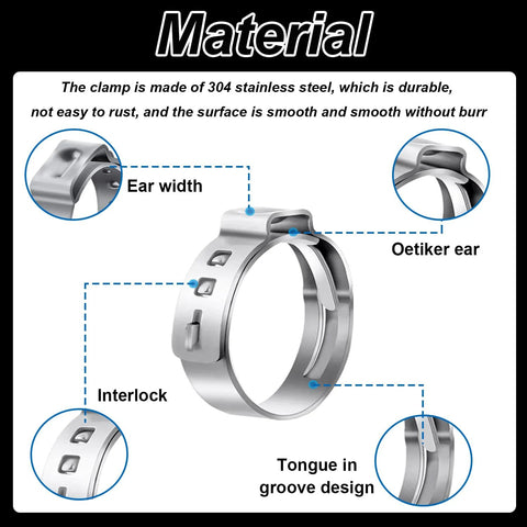 Single-ear hose clamp in 304 stainless steel, silver, showing tongue-in-groove and interlock features.