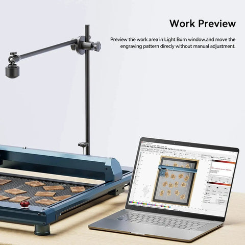 Advanced Wide Angle LightBurn Camera Kit For Laser Engravers With 5MP HD Auto Positioning Video Recording Multi Task Engraving And Job Preview For A Large 740x560 Mm Engraving Area, shown with laser setup and laptop displaying preview.