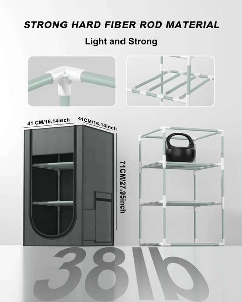 Three Layer Filament Storage Box for 3D Printers with hard fiber frame, oxford cloth build, showcases structure and dimensions.