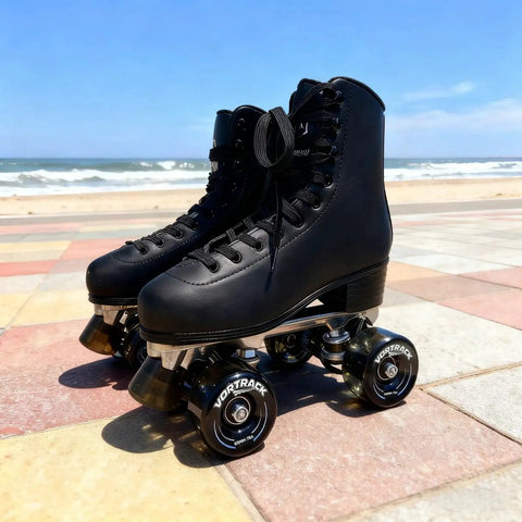 Black roller skates with 78A Quad Roller Skate Wheels 65x36mm, ABEC 9 Bearings, for indoor and outdoor skating on colorful pavement by the beach.