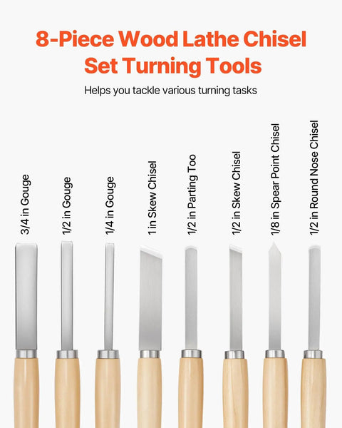 8-Piece Wood Lathe Tool Set With Carbon Steel Blades For Beginners To Pros Includes 2 Skew Chisels Spear Point Parting Tool Round Nose 3 Gouges Pocket Oxford Bag Versatile Lathe Chisels For Turning Projects By VEVOR on display