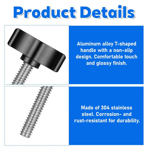 4 Pcs 1/4-20 x 1-1/4 Inch Thumb Screws With Black Wing Knob Stainless Steel Thread And Aluminum Knob Adjustable Tee Wing Thumbscrews