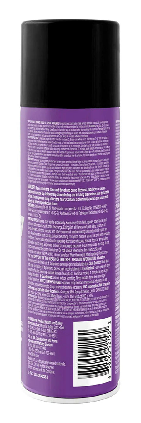 Back view of Drywall corner bead spray adhesive 13.8 oz can, contractor-grade fast-grab aerosol, showing detailed usage instructions