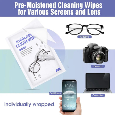 200 Pack Lens Wipes For Glasses And Devices Individually Wrapped with images of glasses, camera, phone, and laptop.