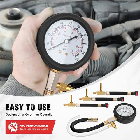 Person using Fuel Pressure Tester Kit 0-100 PSI With Quick Connects 1/4 3/8 5/16 Fittings on car engine