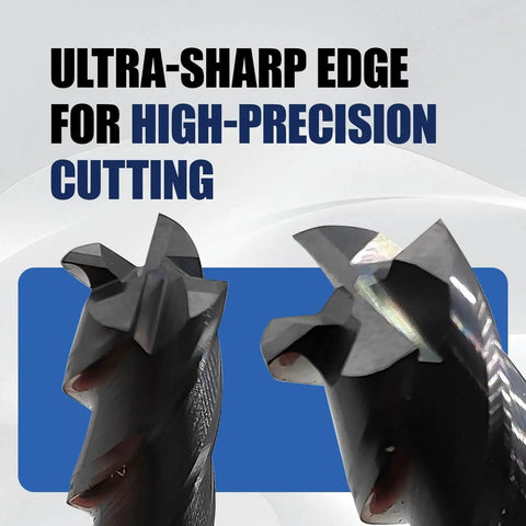 Close-up of 6 Pcs 1/8 Inch Carbide Square End Mills, 4 Flute TIALN Coated CNC Mill Bits For Steel, ultra-sharp edge view.