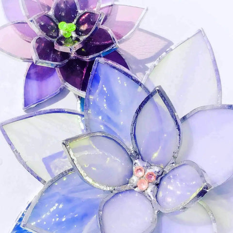 Close-up of 3D flowers with stained glass petals from Four Layer Stained Glass Succulent Soldering Jig Kit With 3D Flower Bloom, Five To Six Petal Design.