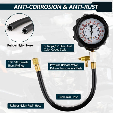 0 To 140 PSI Fuel Pressure Tester Kit For Fuel Injectors And Pumps with gauge, hoses, and brass fittings