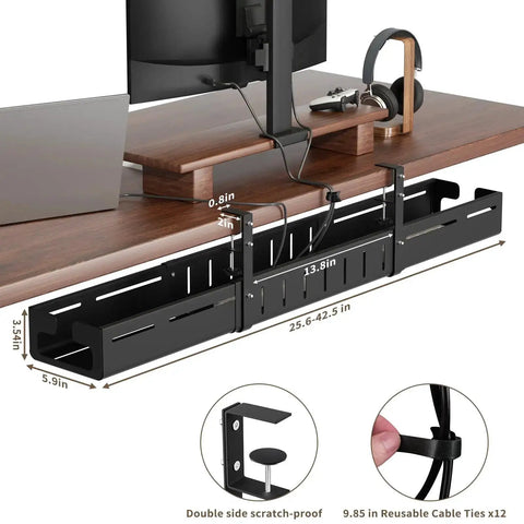 Expandable Under Desk Cable Management Tray Clamp-On For Home Office And Standing Desk, showing installation and dimensions.