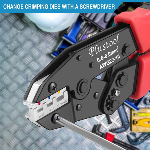 Close-up of 6 Piece Ratcheting Crimping Tool Set for Wire Crimping with Pro Grade Performance on terminals and connectors