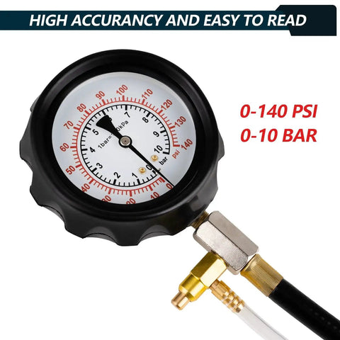 Close-up of gauge from 0 To 140 PSI Fuel Pressure Tester Kit For Fuel Injectors And Pumps showing PSI and BAR measurements