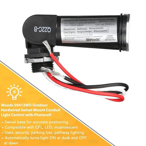 Outdoor Conduit Lighting Control With Photocell Sensor for Dusk to Dawn Auto Operation, black hardwired unit with swivel mount base