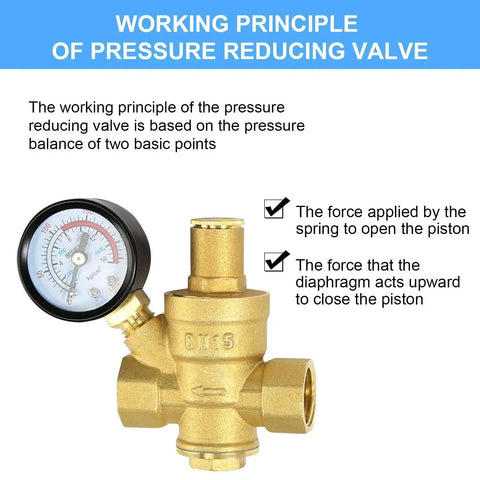 Half Inch Water Pressure Regulator Valve With Gauge For Home Plumbing, Heavy Duty Brass Adjustable Water Pressure Reducer