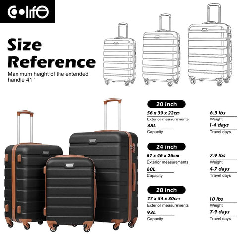 Lightweight 3 Piece Hardside Luggage Set With Easy Glide Spinner Wheels And TSA Lock includes 20, 24, 28 inch sizes with size chart