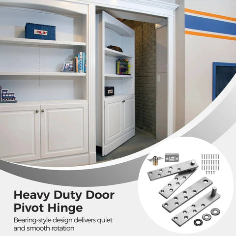 Beefy Heavy Duty Stainless Steel Door Pivot Hinges 2 Pack For Hidden Secret Doors With Bearing Design installed on a bookshelf door