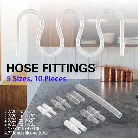 Hose barb fittings kit, clear silicone; 50 pieces (10 per size, 5 sizes) with 4.7-inch tube