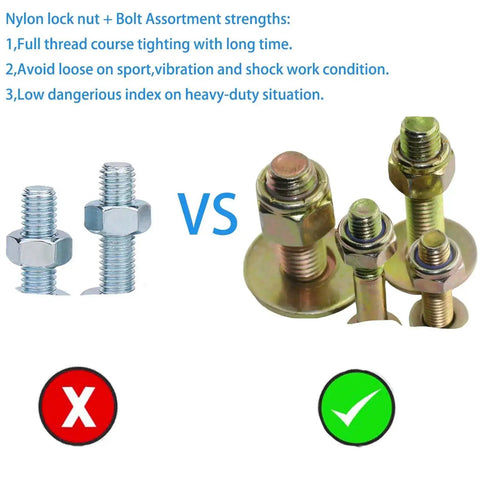 Comparison of standard bolts versus M10 x 60mm hex head bolts with nylon lock nuts and flat washers, galvanized alloy steel grade 8.8.