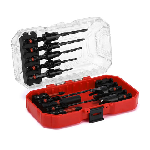 Tapered Countersink Drill Bit Set For Woodworking 15 Piece Includes Wood Plug Cutters Depth Stop Rings in red case