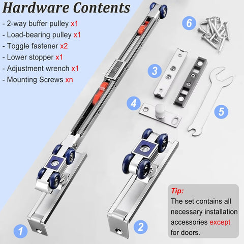 Soft Close And Open Interior Sliding Door Rail Kit With Hardware, Bypass Barn Door Hidden Track System, hardware contents