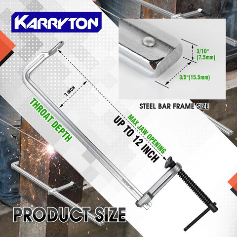 KARRYTON 4-pack 12in F clamps with 3in throat, steel drop-forged bars, 600lb clamping force