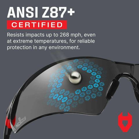 Green Tinted Wraparound Safety Glasses With Adjustable Arms And No Slip Grips, featuring ANSI Z87+ certification and impact resistance detail
