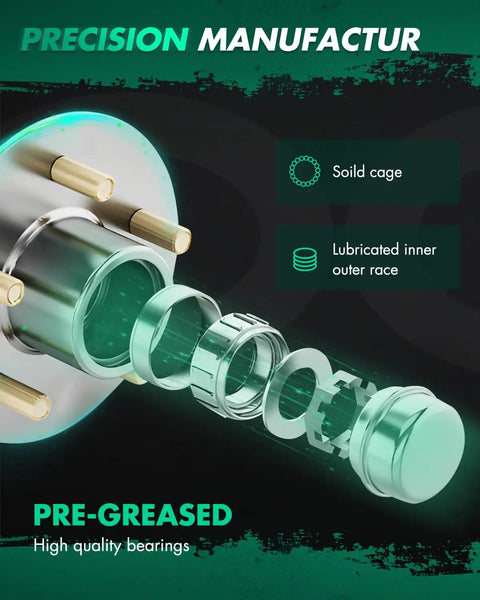 Exploded view of Pair Of Front Wheel Hub And Bearing Assemblies Replacement with lubricated inner and outer race, 5 lug fit