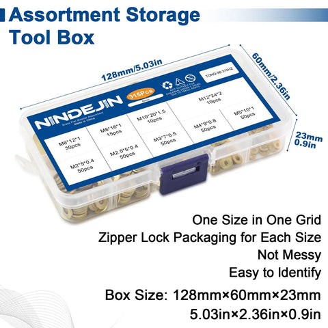 Labeled box of 315 Piece Brass Washer Set with Nine Metric Sizes, including M2 to M12, with zipper lock packaging visible.