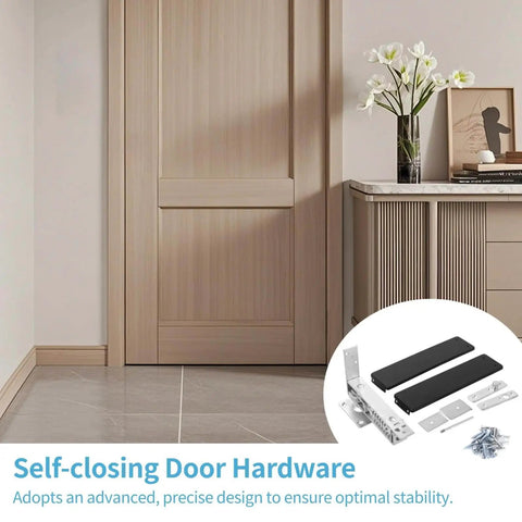 Double Action Spring Hinge With Cover Plates For Wood Doors Self Closing Door Hardware shown with wooden door and accessories.