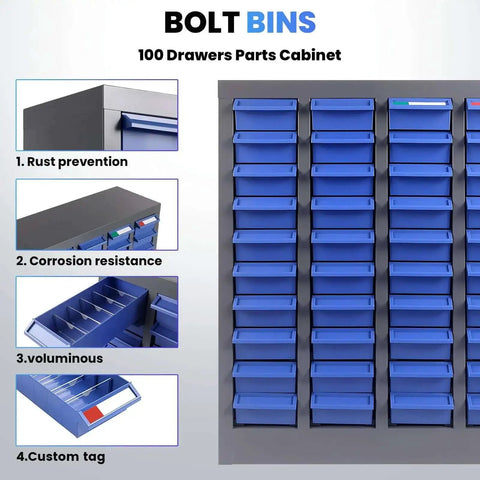 Front view of 40-Drawer Bolt Bin Organizer Cabinet with blue ABS drawers and steel frame, showing rust prevention, corrosion resistance, and custom tags.