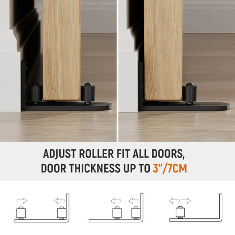 Sliding Barn Door Bottom Floor Guide Wall Mounted Roller Guides with Ball Bearings Adjustable Stay Roller Black Made From Solid Carbon Steel for Anti Rust Longevity Fits Door Thickness Up To 3 Inches Smooth Quiet Operation installed with wooden door