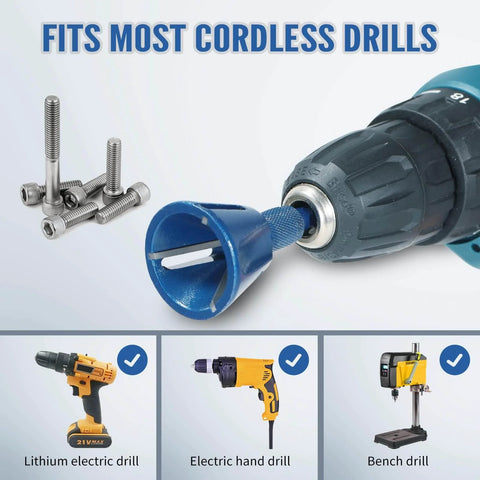 Go-To All Thread Deburring Tool With Quick Release 1/4 Inch Hex Shank attached to a cordless drill for external chamfer and burr removal