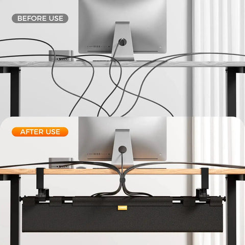 Before and after use of 38 Inch Under Desk Cable Management Tray With Clamp And Screw Mount No Drill Setup under desk view
