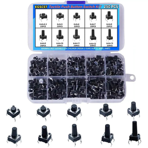 250 Piece 10 Value 6x6mm Tactile Push Button Switch Kit in open case, with individual 4-pin tactile switches for Arduino projects.