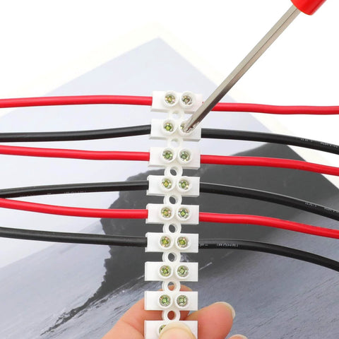 7 Piece 12 Position Dual Row Terminal Block Set For Electrical Wiring 10A 380V Barrier Strip Connector shown in use