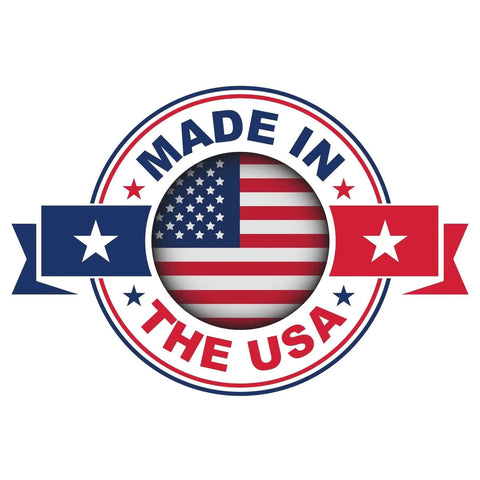 "Made in the USA" badge featuring American flag design with blue and red stars on either side.