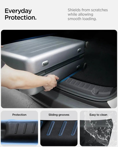 Model Y Rear Bumper Trunk Sill Guard With Easy Glide Grooves 2025 2026 showing suitcase protection and sliding grooves