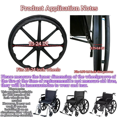 Universal 24 Inch No Flat Polyurethane Wheelchair Tires Pair With Mounting Tools And Straps Included Fits Nine Spoke 24 Inch Plastic Wheels From All Brands shown with wheel and installation notes