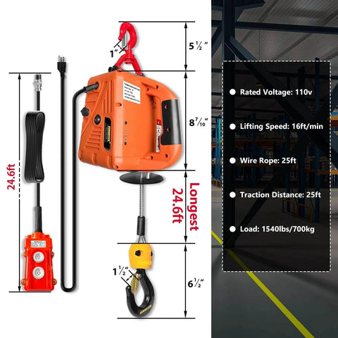 Diagram of Electric Portable Hoist Winch 1500Lbs 3 In 1 Lift System with 25 ft cable showing dimensions and control features.