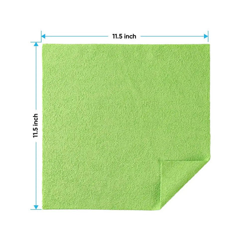 Ultra Absorbent Microfiber Cleaning Cloths 100 Pack Multi Color Towels Lint Free Scratch Free Rags For Home Kitchen And Car Detailing Durable 11.5x11.5 Inch green microfiber cloth measuring 11.5 inches square.