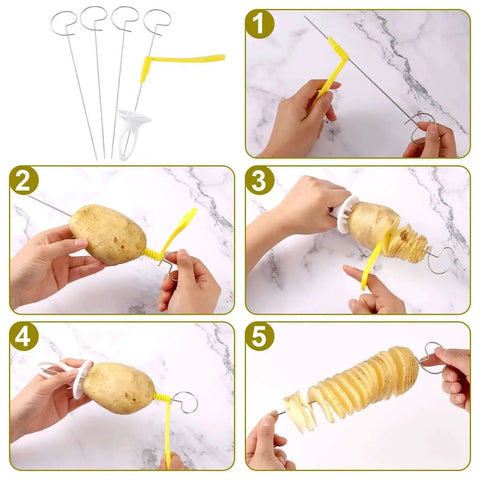 Manual Tornado Potato Spiral Cutter and Vegetable Spiralizer Crinkle Slicer Twisted Knife Kitchen Tool demonstrated step by step.