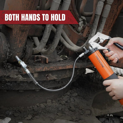 Thorstone 7000PSI pistol grip grease gun kit, orange body with 18in spring-flex hose for lubricating equipment