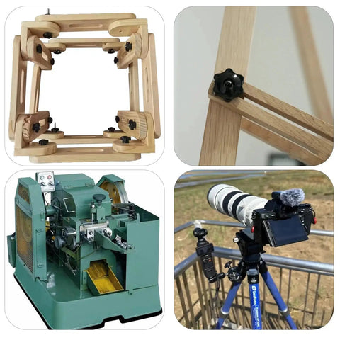 Collage showing star shaped knobs 3/8-16 through hole hand tighten clamping black plastic used in various equipment setups.